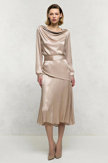 Long Sleeve Cowl Neck Champagne Semi-Formal Dress
